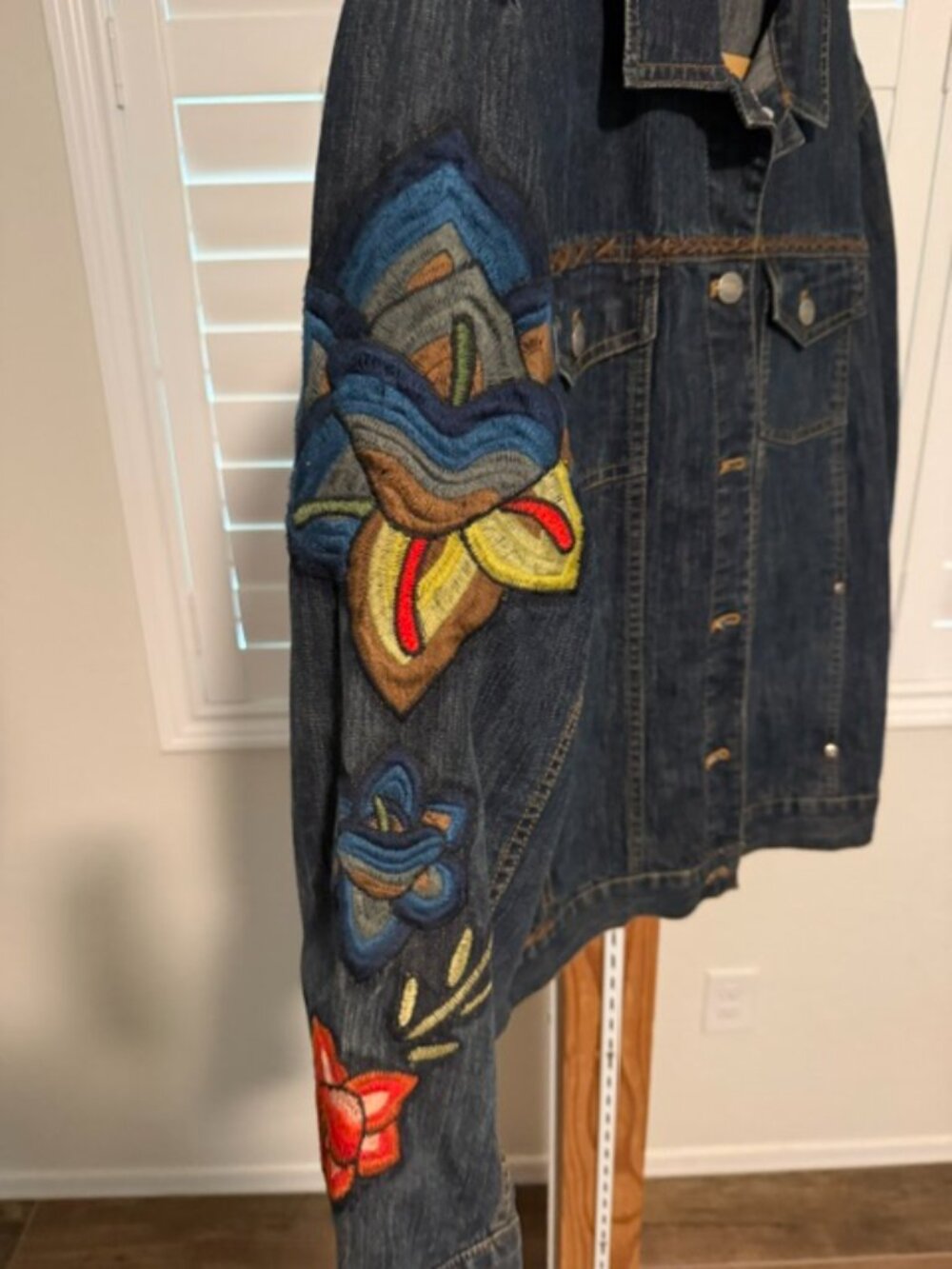 Chico's Embroidered Denim Jacket, Large Floral Back Patch Boho - Picture 3 of 4